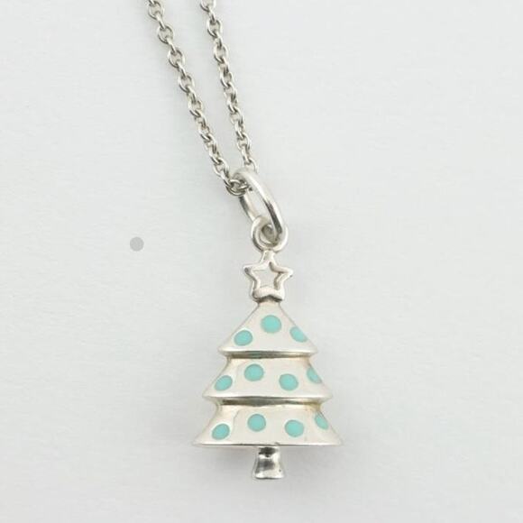 RARE Tiffany & Co Christmas Tree in Blue Enamel and Silver Pendant Necklace - Picture 1 of 4